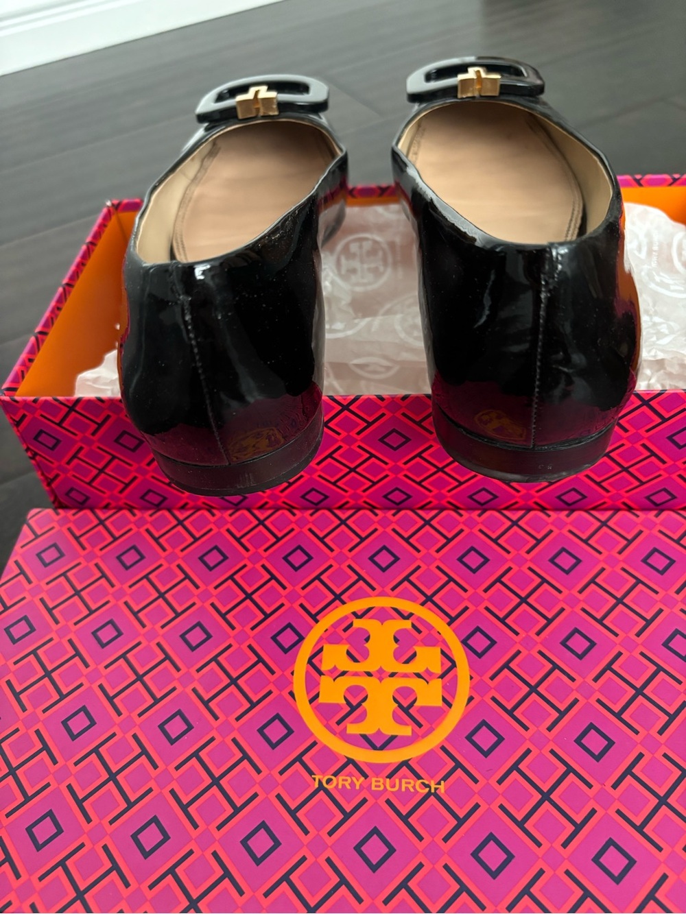 Tory Burch Black Patent Leather Flats with Gold Logo Accent - Picture 4 of 7